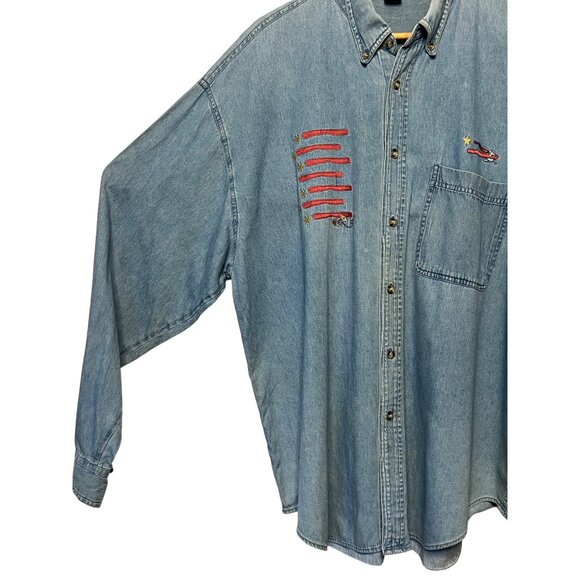 Vintage Men's XXL Denim Shirt Embroidered Star Stripe Design Pockets Y2K Westen - Picture 5 of 16